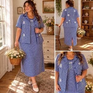 Studio C Blue Gingham Embroidered Daisy Linen Blend Dress Jacket Set